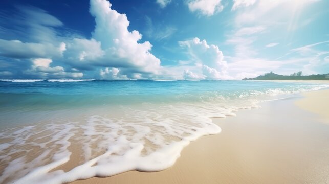 Background of tropical beach and blue sea and blurred sky, white clouds with sunlight angel.