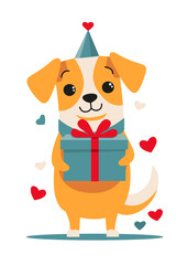 Postcard design for congratulations and invitations. Mysterious, unusual puppy with a gift box.