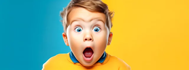 Fotobehang child with a surprised facial expression, wearing a bright yellow sweater, with exaggerated wide blue eyes, set against a dual blue and yellow background, emphasizing the playful shock and innocence © edojob