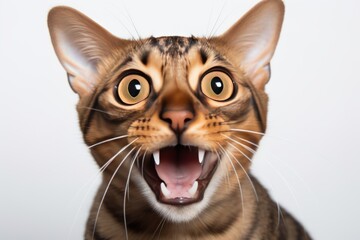 Portrait of a brown Bengal cat making a funny face, - obrazy, fototapety, plakaty