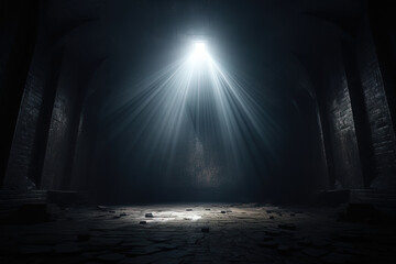 Mystisches Gewölbe mit strahlendem Licht. Atmosphärischer Hintergrund für kreative Bildkompositionen und digitale Kunstprojekte - obrazy, fototapety, plakaty