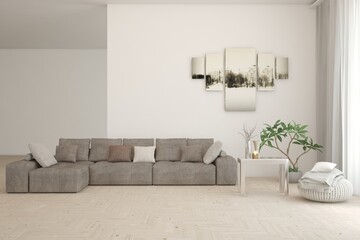 White living room with sofa. Scandinavian interior design. 3D illustration
