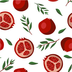 Seamless vector pattern with pomegranate fruit and leaves