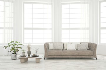 White living room with sofa. Scandinavian interior design. 3D illustration