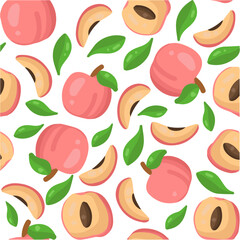 Seamless vector pattern with peach fruit and leaves