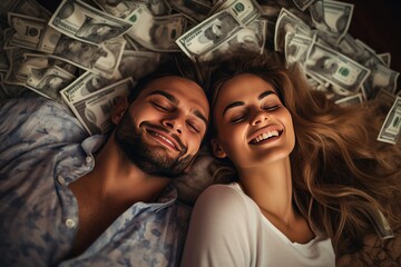 Smiling couple sleeping on bed in bedroom There are lots of dollars instead of blankets.