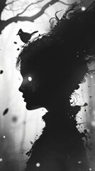 A Silhouette of a Lady with her Eyes Glowing in the Dark - Aggressive Emotional Misty Gothic Dark White and Dark Black Background - Gothic Woman Art Wallpaper created with Generative AI Technology