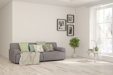 White modern interior design with sofa. Scandinavian interior design. 3D illustration