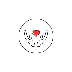 Giving heart icon set. Hand holding heart symbol. Charity, health, love, family and care sign. Vector illustration