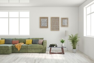 White scandinavian interior design with sofa. 3D illustration