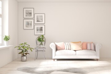 White scandinavian interior design with sofa. 3D illustration