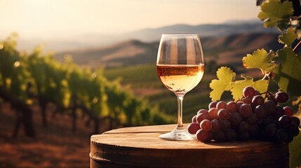 Wine glass with grapes and barrel on beautiful light vineyard background.