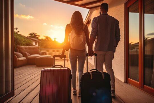 Young couple moving into a new house Couple carrying luggage new house concept