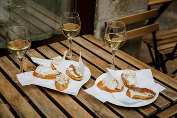 Venice, Italy, 12 February 2023:  Cichetti Venetian tapas with cod mash, cafe restaurant Bacari,...