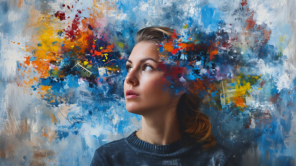 A creative representation of ADHD (Attention Deficit Hyperactivity Disorder) featuring a woman as the central figure.