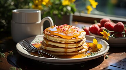 Traditional breakfast with pancakes and honey.