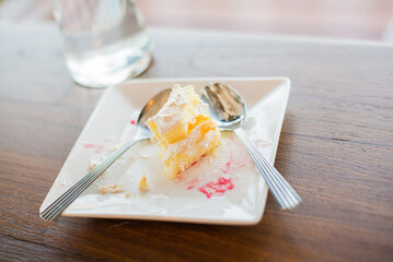 Slice of fruit cake with cream