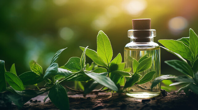 bottle, jar with essential oil extract tea tree