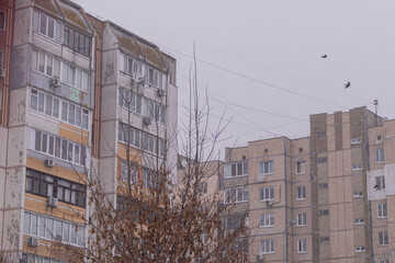 Kyiv, Ukraine - January 3, 2024: there are many snow-covered cars in the yard among the houses. It is snowing in the city. 