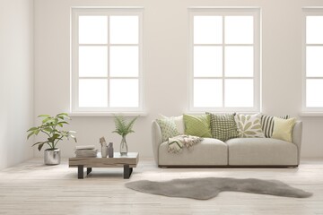 White living room with sofa. Scandinavian interior design. 3D illustration