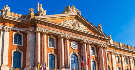 Pediment of the Capitole on the square of the same name, on a winter day in Toulouse, Occitanie, France