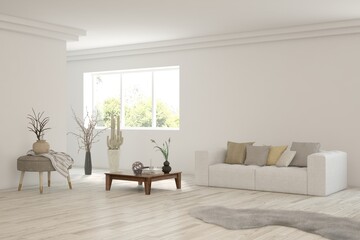 Bright interior design with modern furniture and summer landscape in window. 3D illustration