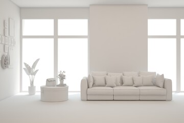 White minimalist living room with sofa. Scandinavian interior design. 3D illustration