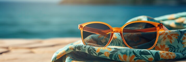 A sunglasses resting on a beach towel with the sea in the background - obrazy, fototapety, plakaty