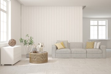 White living room with sofa. Scandinavian interior design. 3D illustration