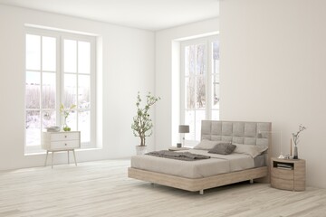 White modern bedroom. Scandinavian interior design. 3D illustration