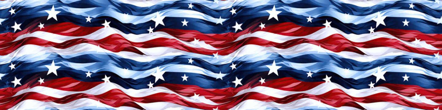seamless pattern with American US flag of America USA with stars and stripes on white blue red background with waves