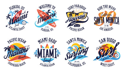 Set of isolated labels for ocean beach surf. Badge or logo for Miami,Santa Monica, Hawaii summer advertising. Surfer print for t-shirt. Emblem with surf board for vacation travel. American branding - Powered by Adobe