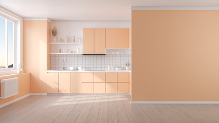 Peach fuzz room ,modern minimal  kitchen room interior  ,peach color paint wall. color of the year 2024 , 3d render