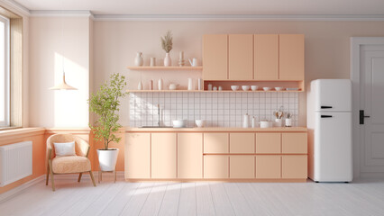 Peach fuzz room ,modern minimal  kitchen room interior  ,peach color paint wall. color of the year 2024 , 3d render