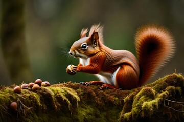 Obraz premium squirrel eating nut, Red squirrel sitting on a moss covered branch holding a hazelnut in Scottish woodland stock photo