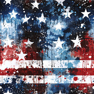 seamless pattern with American US flag of America USA on white blue red background with grunge old vintage retro texture