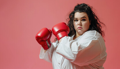 Fat girl in white kimono and red boxing gloves on a coloured background