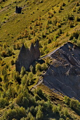 Russia, the North Caucasus. View of the amazing crumbling peak-shaped formations of sedimentary rocks at the foot of Elbrus.