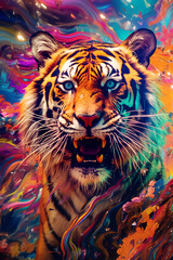 Tiger head, colorful psychedelic wavy colourful background