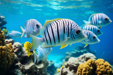 Naklejka na ściany i meble white fishes close-up in tropical sea underwater coral reef