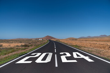 2024 start written on road. 3d rendering of wording 2024 with nice backbround view
