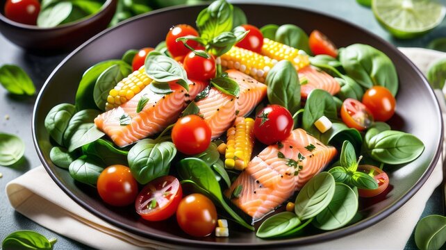 Indulge in culinary journey with this delectable image, where a perfectly grill fish steak takes center stage, accompanied by vibrant vegetables, creating a mouthwatering salad for delightful lunch