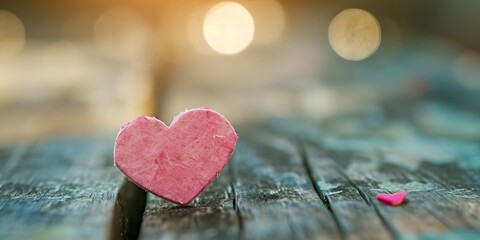 Fototapeta premium Pink heart on wooden empty table valentine day bokeh background - Generative ai