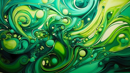 Electric green fluid flowing gracefully, forming intricate patterns as it swirls and splashes against a radiant, multi-colored 3D canvas.