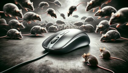 A computer mouse stands out among scurrying real mice on a dark surface. Generative AI