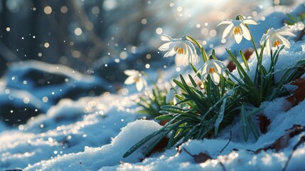 Spring snowdrop flowers in snow. First flowers. Floral background. Backlight, bokeh