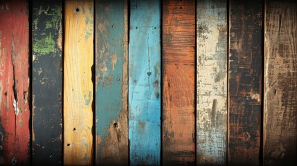 Colorful vintage scratched wooden texture background, vertical wooden planks close up, sunlight