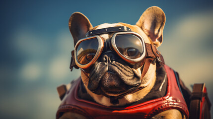 Close up of a funny French bulldog with goggles