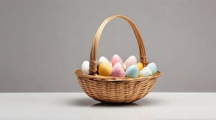 Isolated Basket Filled with Easter Eggs on White Background
