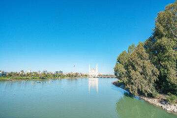 Obraz premium The scenic view of Adana, Taş köprü, seyhan river and Sabancı Camii